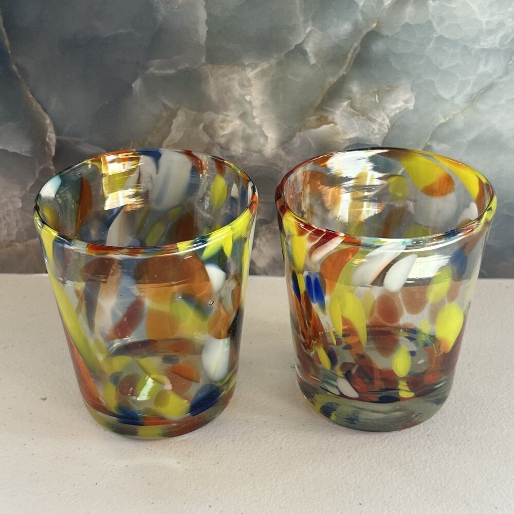 Hand Blown Drinking Glasses 4" Set of 2 Multicolor Dotted Tumbler